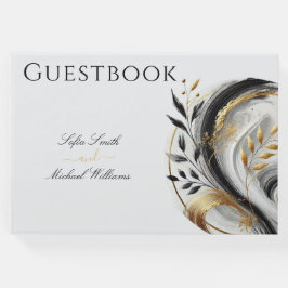 Modern zwart wit en goud botanische bruiloft gastenboek