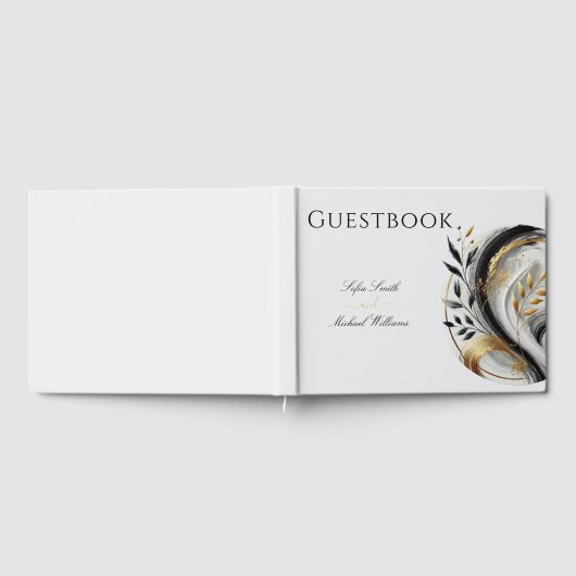 Modern zwart wit en goud botanische bruiloft gastenboek (Volledig)