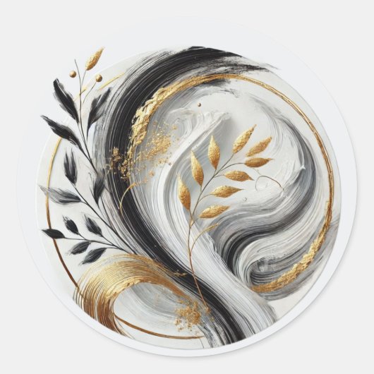 Modern zwart wit en goud botanische bruiloft ronde sticker (Voorkant)
