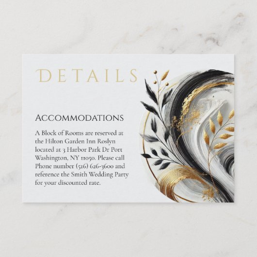Modern Zwart Wit en Goud Wedding-Botanical- En Informatiekaartje (Achterkant)