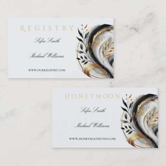 Modern Zwart Wit en Goud Wedding-Registry Visitekaartje (Voorkant / Achterkant)