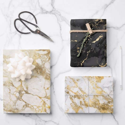 Modern zwart, wit en gouden marmer inpakpapier vel (Voorkant)