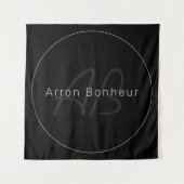 Modern zwart-wit en grijs | Naam kool en monogram Wandkleed (Voorkant)