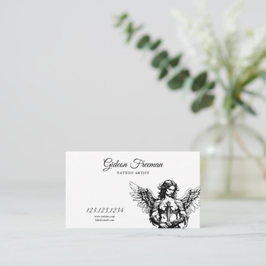 Modern zwart-wit engel Tattoo artiest Visitekaartje (Staand voorkant)