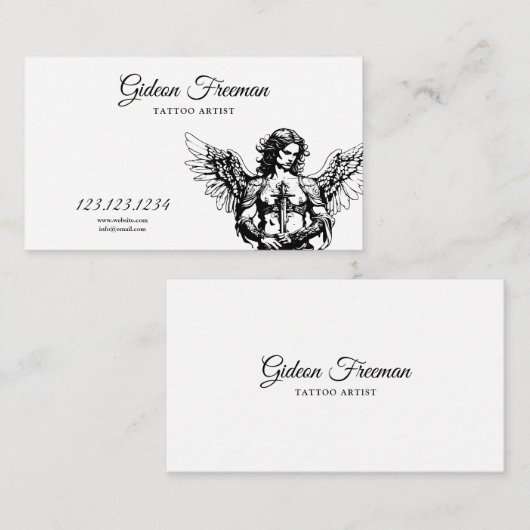 Modern zwart-wit engel Tattoo artiest Visitekaartje (Voorkant / Achterkant)