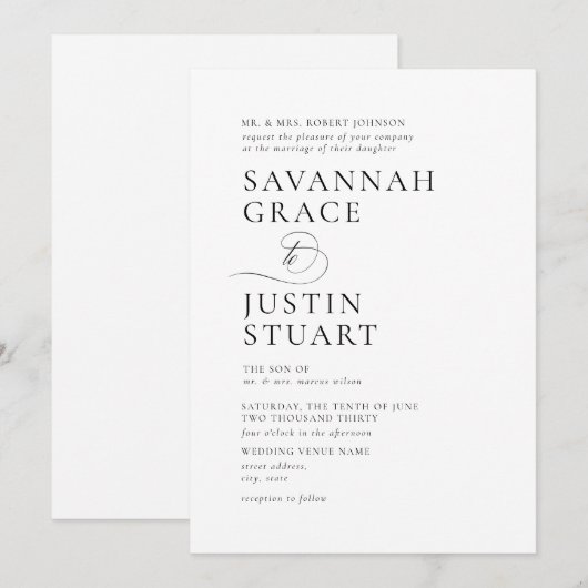 Modern zwart-wit formele bruiloft kaart (Voorkant / Achterkant)