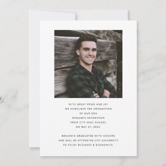 Modern zwart-wit foto Afstuderen Aankondiging (Achterkant)