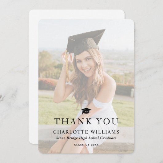 Modern zwart-wit foto Afstuderen Bedankkaart (Voorkant / Achterkant)