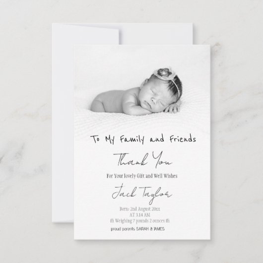 Modern Zwart Wit Foto Handschrift Baby Geboorte Bedankkaart (Voorkant)