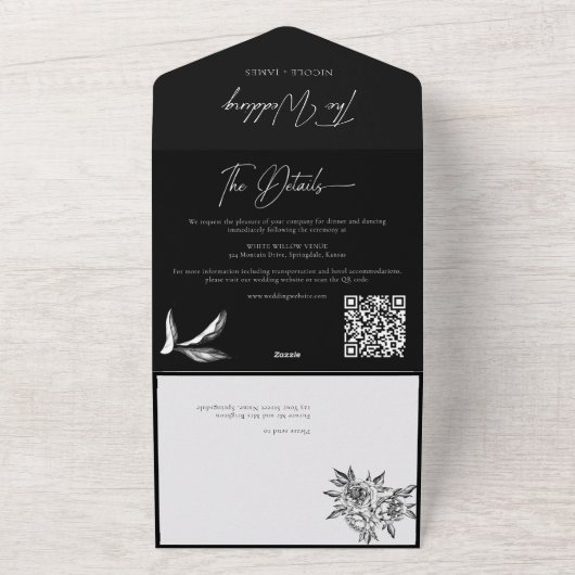 Modern zwart-wit foto kalligrafie script all in one uitnodiging (Buitenkant)