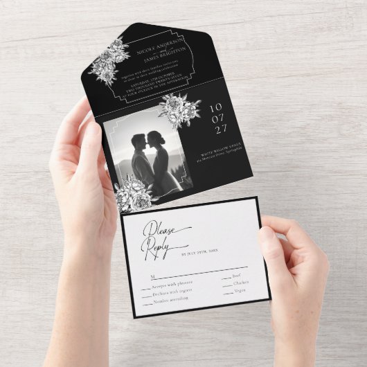 Modern zwart-wit foto kalligrafie script all in one uitnodiging (Afscheurbaar)