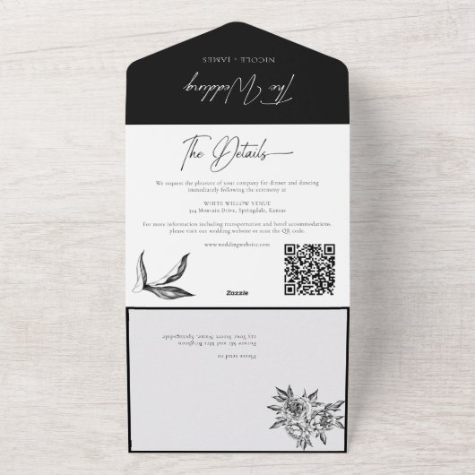 Modern zwart-wit foto kalligrafie script all in one uitnodiging (Buitenkant)