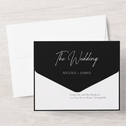 Modern zwart-wit foto kalligrafie script all in one uitnodiging (Achterkant)