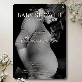 Modern zwart-wit fotoscript Baby shower Folie Uitnodiging
