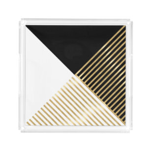 Modern Zwart Wit Geometrisch Goud Strepen Acryl Dienblad