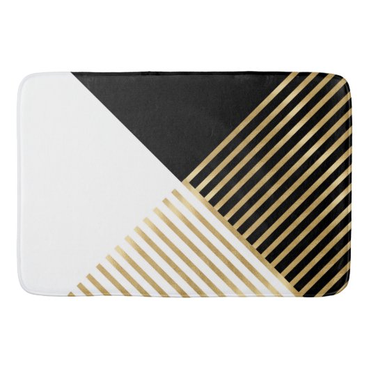 Modern Zwart Wit Geometrisch Goud Strepen Badmat (Voorkant)