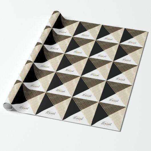 Modern Zwart Wit Geometrisch Goud Strepen Cadeaupapier (Uitgerold)