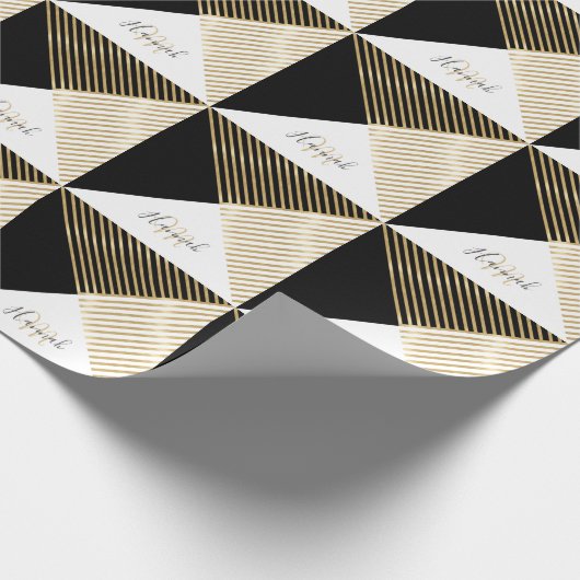 Modern Zwart Wit Geometrisch Goud Strepen Cadeaupapier (Hoek)