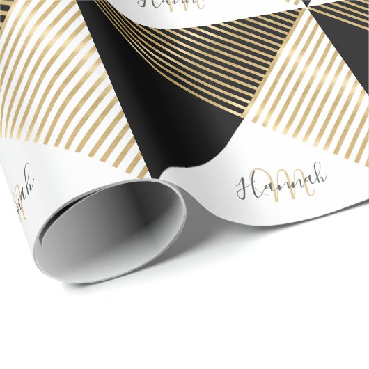 Modern Zwart Wit Geometrisch Goud Strepen Cadeaupapier (Rol Hoek)
