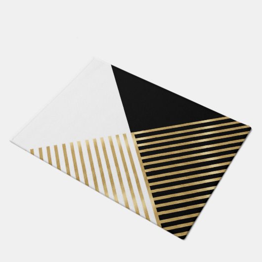 Modern Zwart Wit Geometrisch Goud Strepen Deurmat (Schuin)