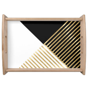 Modern Zwart Wit Geometrisch Goud Strepen Dienblad