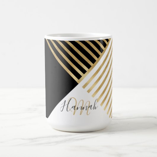 Modern Zwart Wit Geometrisch Goud Strepen Koffiemok (Center)