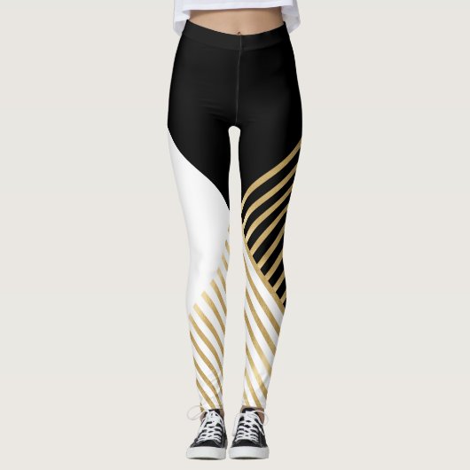 Modern Zwart Wit Geometrisch Goud Strepen Leggings (Voorkant)