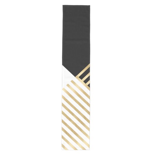 Modern Zwart Wit Geometrisch Goud Strepen Medium Tafelloper (Voorkant)