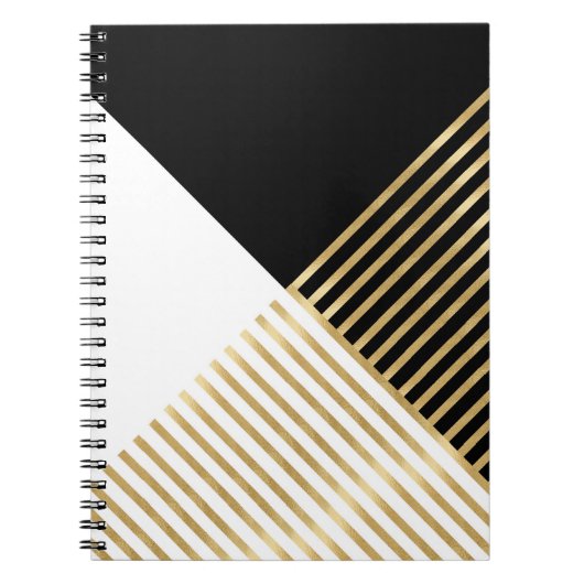 Modern Zwart Wit Geometrisch Goud Strepen Notitieboek (Voorkant)