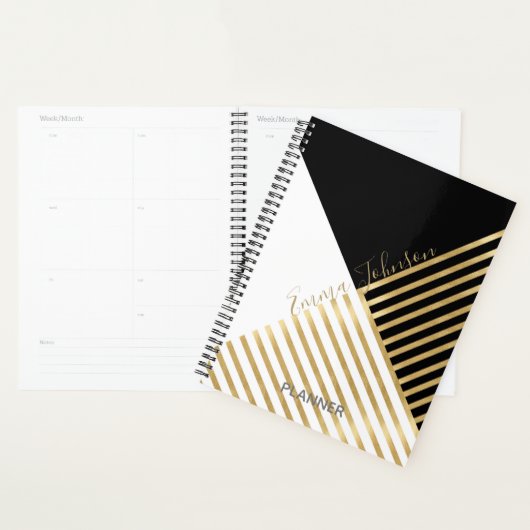 Modern Zwart Wit Geometrisch Goud Strepen Planner (Display)