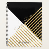 Modern Zwart Wit Geometrisch Goud Strepen Planner (Voorkant)