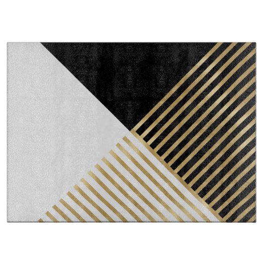 Modern Zwart Wit Geometrisch Goud Strepen Snijplank (Voorkant)
