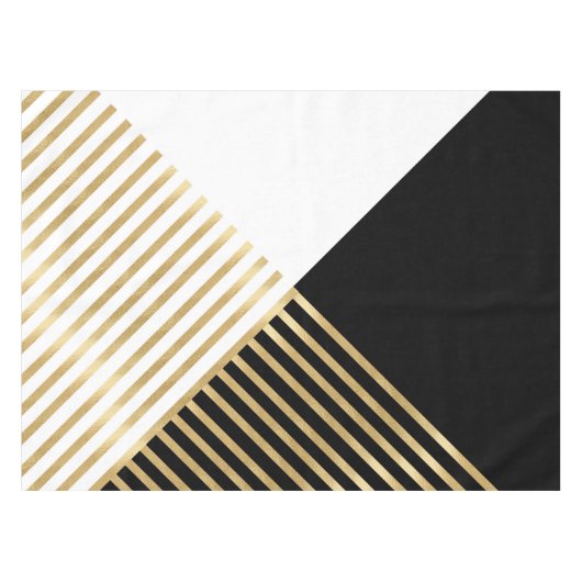 Modern Zwart Wit Geometrisch Goud Strepen Tafelkleed (Voorkant (Horizontaal))