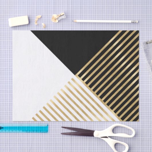 Modern Zwart Wit Geometrisch Goud Strepen Tissuepapier (Craft)