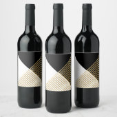 Modern Zwart Wit Geometrisch Goud Strepen Wijn Etiket (Flessen)