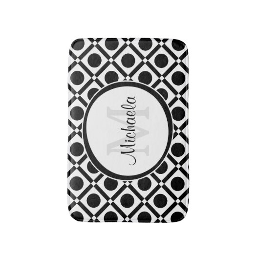 Modern zwart-wit geometrisch monogram en naam badmat (Voorkant Verticaal)