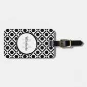 Modern zwart-wit geometrisch monogram en naam bagagelabel (Voorkant horizontaal)