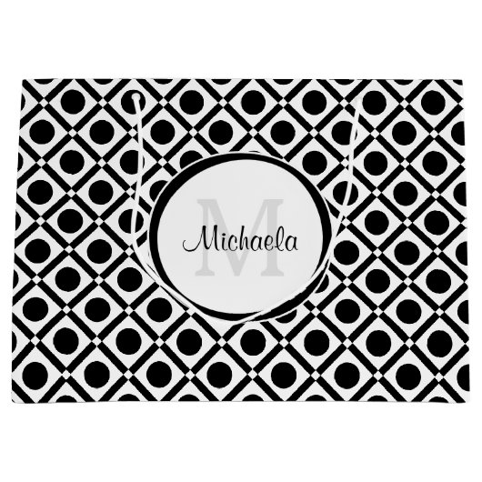 Modern zwart-wit geometrisch monogram en naam groot cadeauzakje (Voorkant)