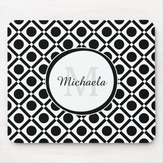 Modern zwart-wit geometrisch monogram en naam muismat (Voorkant)