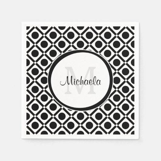 Modern zwart-wit geometrisch monogram en naam servetten (Voorkant)