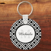 Modern zwart-wit geometrisch monogram en naam sleutelhanger (Voorkant)