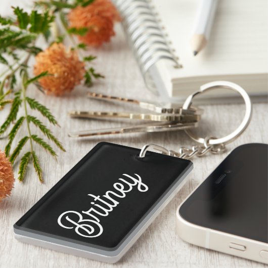 Modern zwart wit gepersonaliseerd monogram en naam sleutelhanger (Voorkant Rechts)