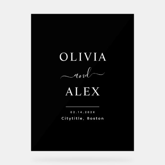 Modern zwart-wit gepersonaliseerde welkom bruiloft acryl bord (Voorkant)