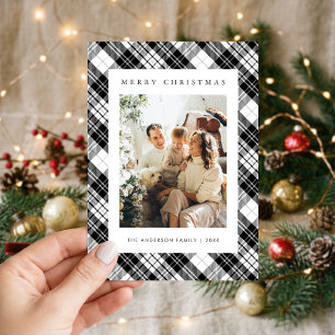 Modern Zwart-Wit Geruit Familie Foto Kerstmis Feestdagenkaart