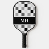 Modern zwart-wit geruit initiaalmonogram pickleball paddle (Achterkant)