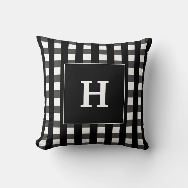 Modern zwart-wit geruit monogram kussen (Voorkant)
