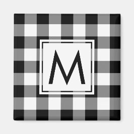 Modern zwart-wit geruite patroon met Monogram Magneet