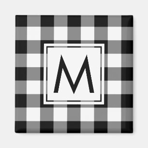 Modern zwart-wit geruite patroon met Monogram Magneet