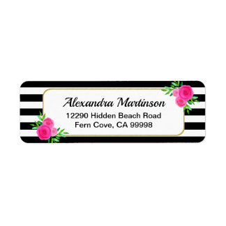 Modern Zwart Wit Gestreept Bloemen Retouradres Etiket
