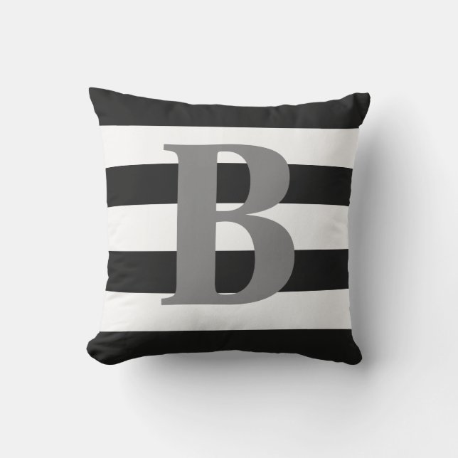 Modern zwart-wit gestreept patroon grijs monogram buitenkussen (Voorkant)